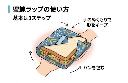 みつろうラップでパンを包んでいるイラスト