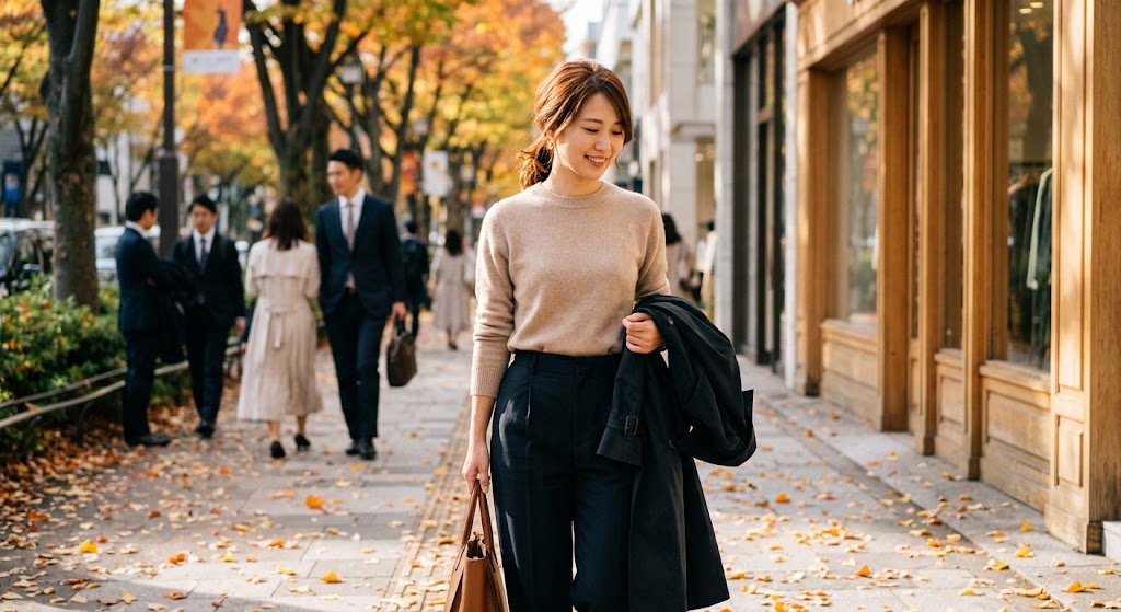 秋の気配の街を歩く秋の装いの女性の様子