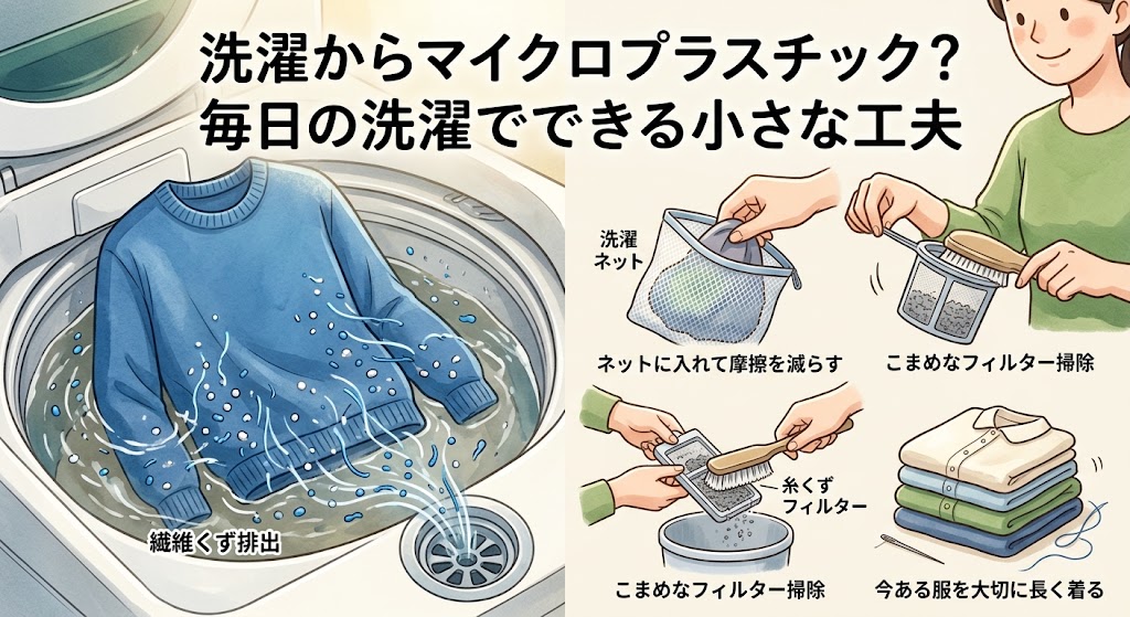 洗濯機と青いセーターから出るマイクロプラスチックのイラストと、洗濯ネットの使用やフィルター掃除などの流出を防ぐ小さな工夫の解説画像