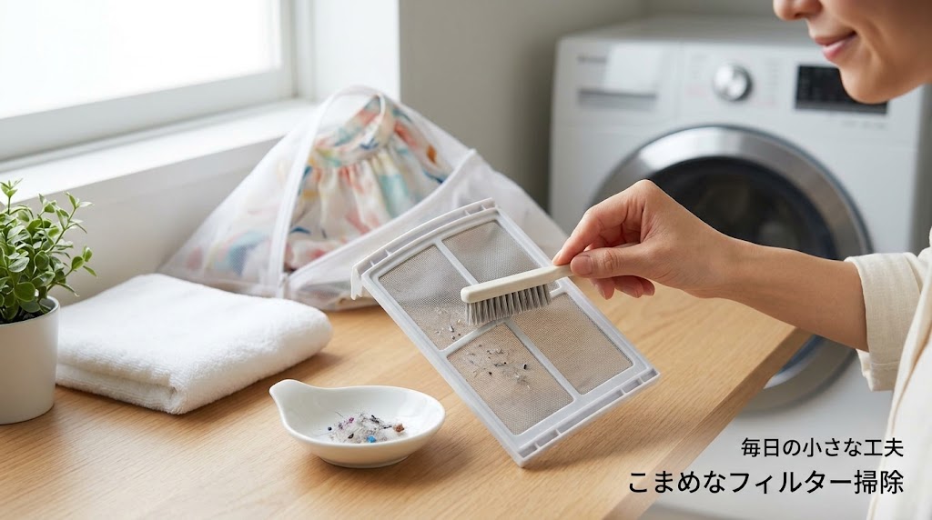 洗濯機のフィルターを丁寧に掃除している画像